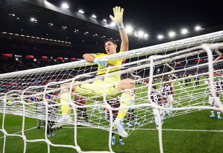 Emiliano Martinez of Aston Villa celebrates reaching the Europa League final, Villa Park, 2026
