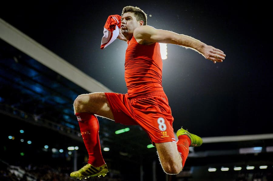Steven Gerrard of Liverpool celebrates his late winning penalty at Fulham, 2014